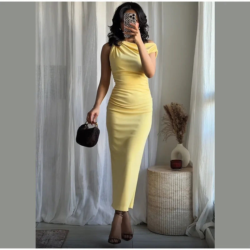 Yellow One-Shoulder Bodycon Midi Dress – Ruched Waist, Elegant Evening Look