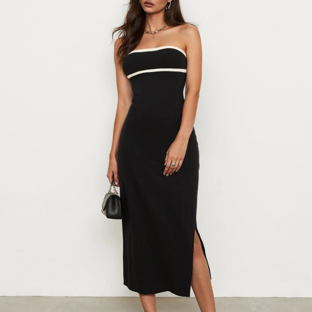 Strapless Black Midi Dress – White Trim, Bodycon Fit, Side Slit