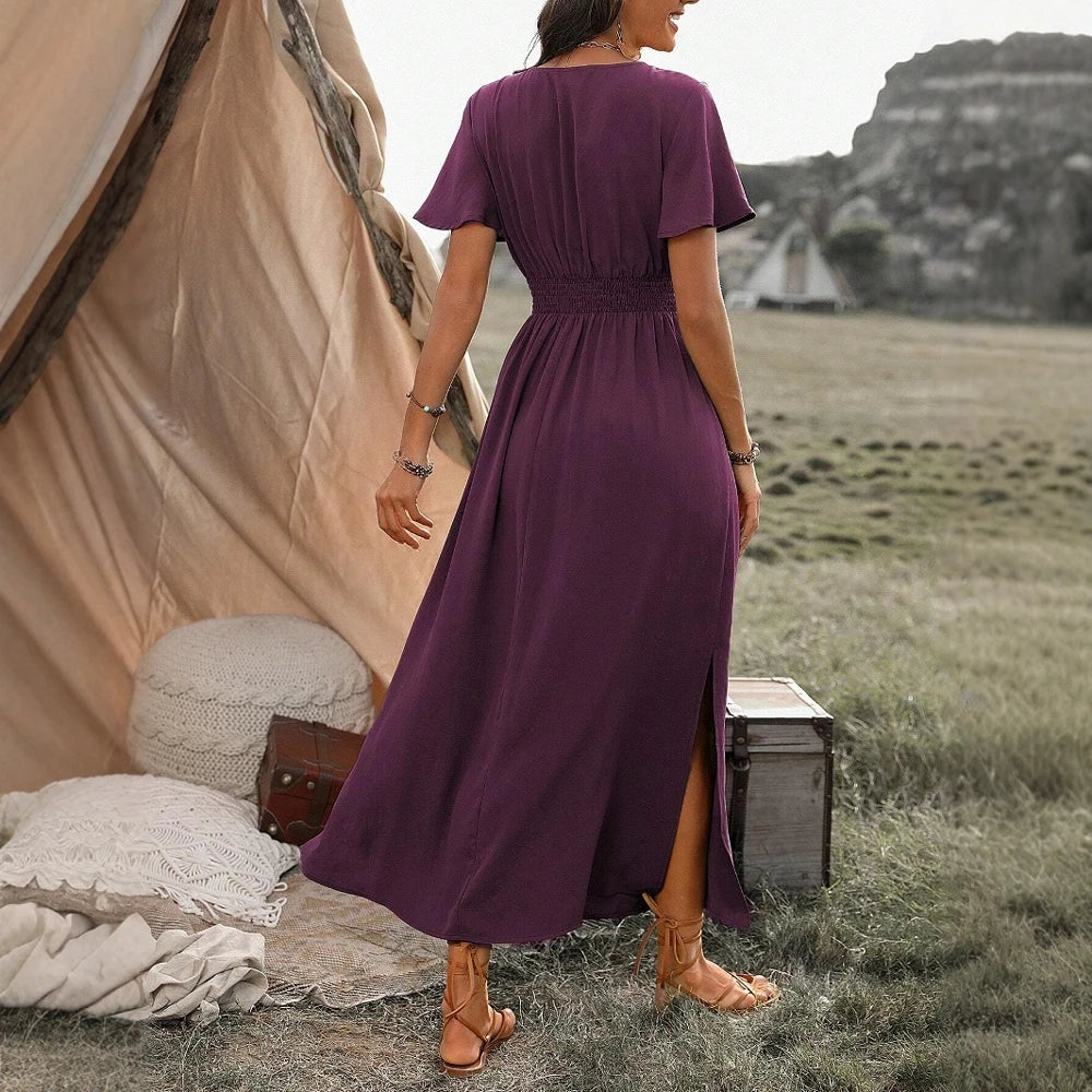 Boho V-Neck Maxi Dress – Short Sleeve, Flowy Fit, Casual Summer Style