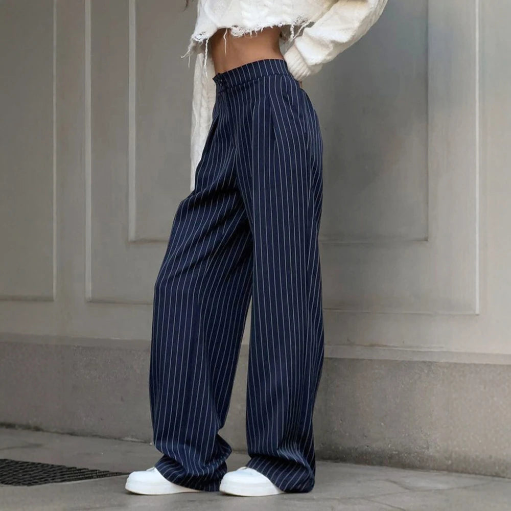 Pinstripe High-Waist Wide-Leg Trousers – Navy Blue, Relaxed Fit Smart Pants