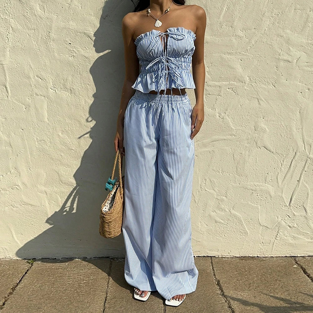 Striped Strapless Top & Wide-Leg Pant Set – Two-Piece Summer Outfit