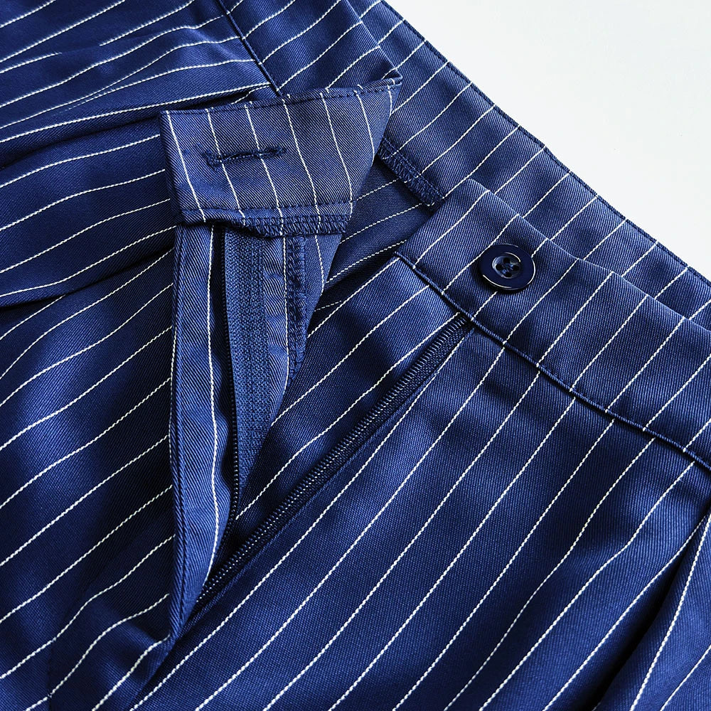 Pinstripe High-Waist Wide-Leg Trousers – Navy Blue, Relaxed Fit Smart Pants