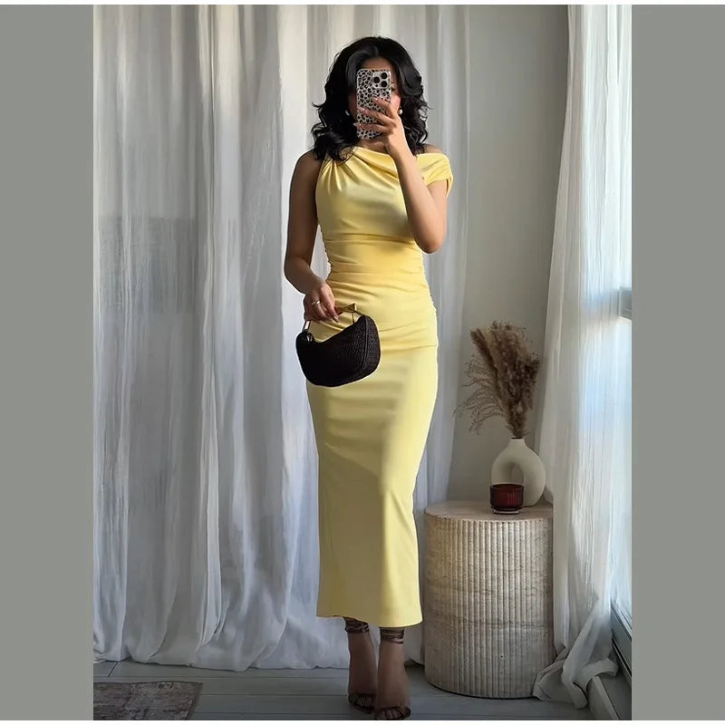 Yellow One-Shoulder Bodycon Midi Dress – Ruched Waist, Elegant Evening Look