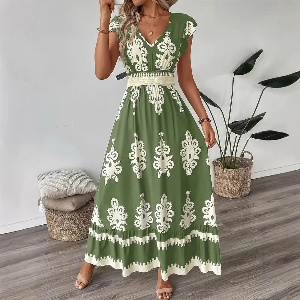Boho V-Neck Maxi Dress – Short Sleeve, Printed Summer Dress