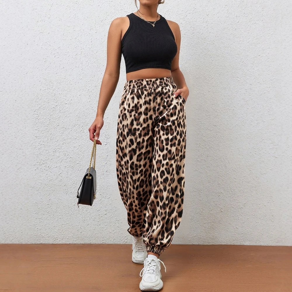 Leopard Print High-Waist Jogger Pants – Casual Relaxed Fit, Elastic Cuff