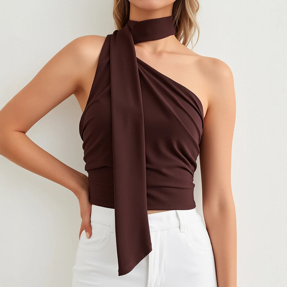 One-Shoulder Crop Top – Asymmetric Scarf Neck Detail, Sleeveless Brown