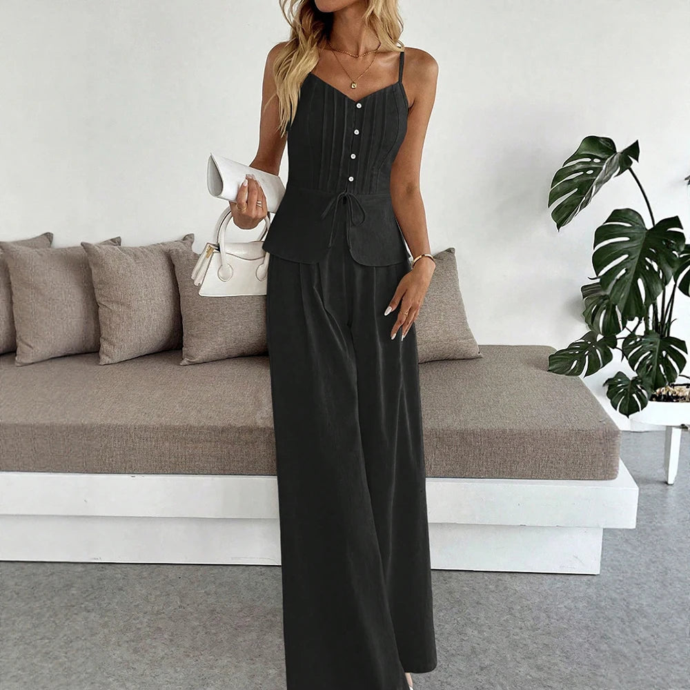 Spaghetti Strap Top & Wide-Leg Pant Two-Piece Set